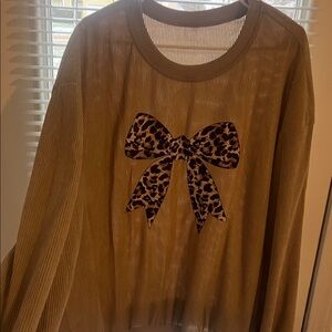 SHEIN Brown Crew Neck Sweater with Leopard Bow